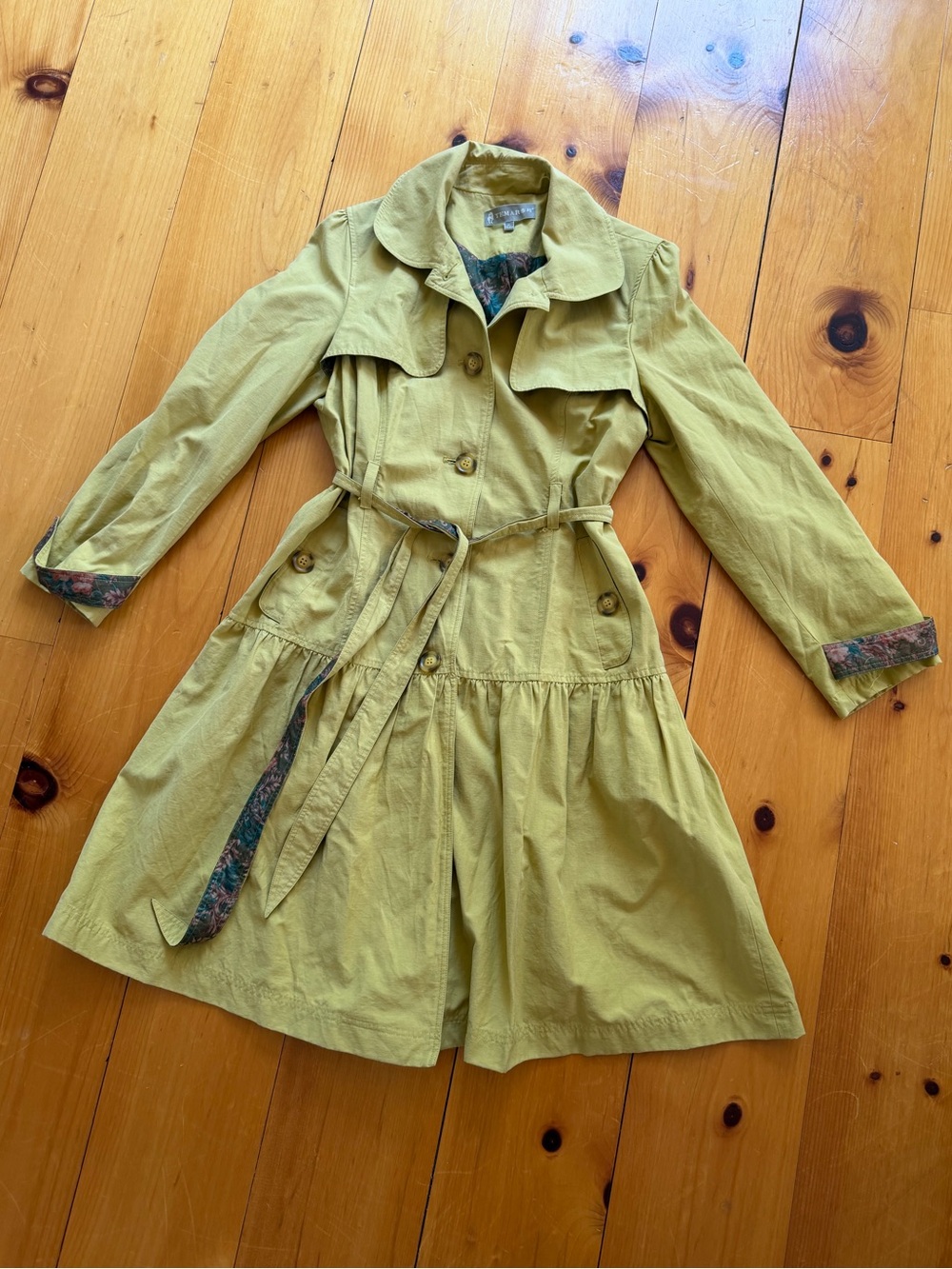 Women's Olive Green Trench Coat with Floral Belt